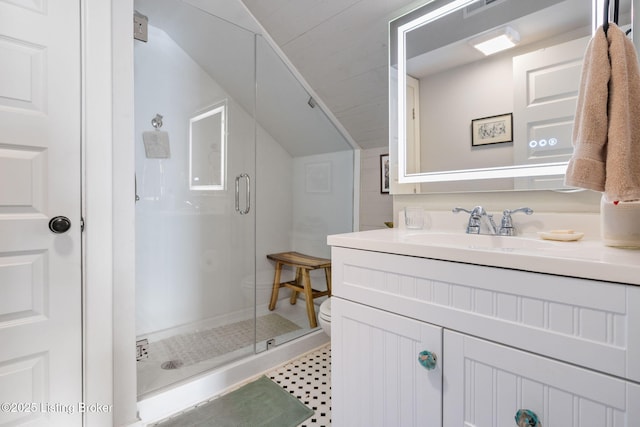2220 Alta Ave, Louisville, KY 40205 - full bath with a stall shower, toilet, lofted ceiling, and vanity