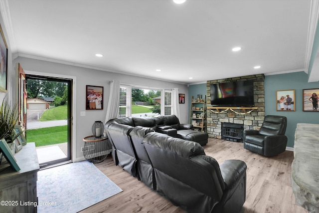 9926 Silverwood Ln, Louisville, KY 40272 - living room featuring ornamental molding, wood finished floors, a stone fireplace, recessed lighting, and baseboards