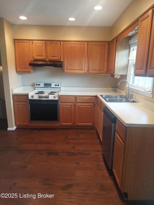2508 Rhett Ct, Louisville, KY 40242 - kitchen with electric range oven, dishwasher, a sink, under cabinet range hood, and dark wood finished floors