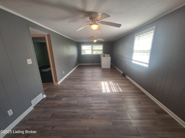 2508 Rhett Ct, Louisville, KY 40242 - unfurnished room featuring washer / clothes dryer, a ceiling fan, dark wood-style flooring, ornamental molding, and a textured ceiling
