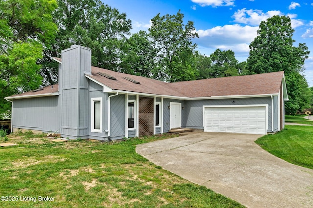 4308 Fence Pl, Louisville, KY 40241 - view of front of house with driveway, an attached garage, a chimney, a front lawn, and roof with shingles