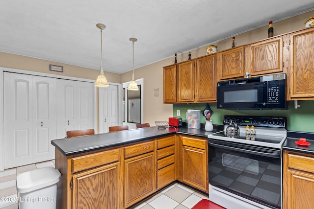 4308 Fence Pl, Louisville, KY 40241 - kitchen featuring black microwave, range with electric cooktop, dark countertops, and a peninsula
