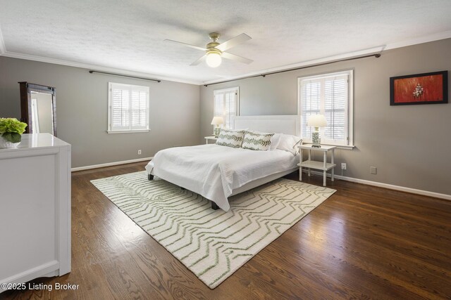 217 Sequoya Rd, Louisville, KY 40207 - bedroom featuring ornamental molding, baseboards, wood finished floors, a textured ceiling, and a ceiling fan