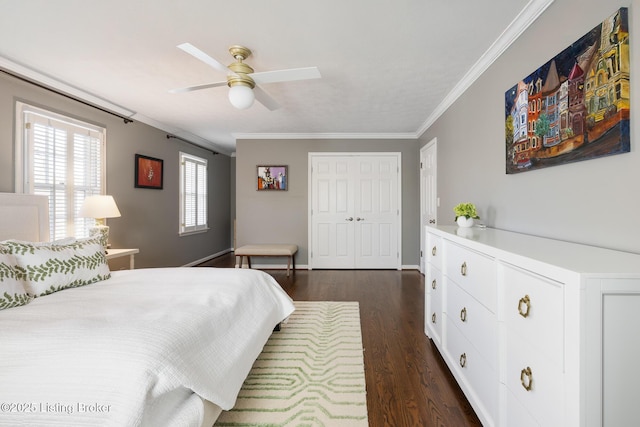 217 Sequoya Rd, Louisville, KY 40207 - bedroom with crown molding, dark wood-style flooring, a closet, ceiling fan, and baseboards