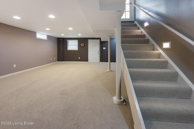 217 Sequoya Rd, Louisville, KY 40207 - stairway featuring recessed lighting, baseboards, and carpet flooring