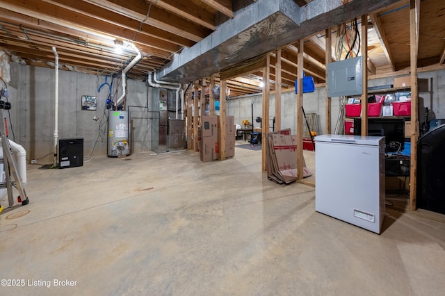 321 Lagrange Villa Dr, La Grange, KY 40031 - unfinished basement featuring refrigerator, water heater, electric panel, and heating unit