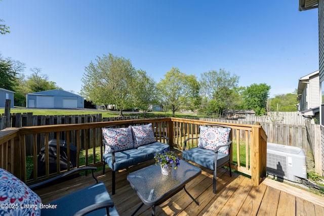 321 Lagrange Villa Dr, La Grange, KY 40031 - wooden deck featuring an outdoor hangout area and central air condition unit
