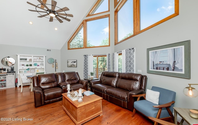 151 Pleasant Railway, Taylorsville, KY 40071 - living area with high vaulted ceiling, ceiling fan, light wood finished floors, and recessed lighting