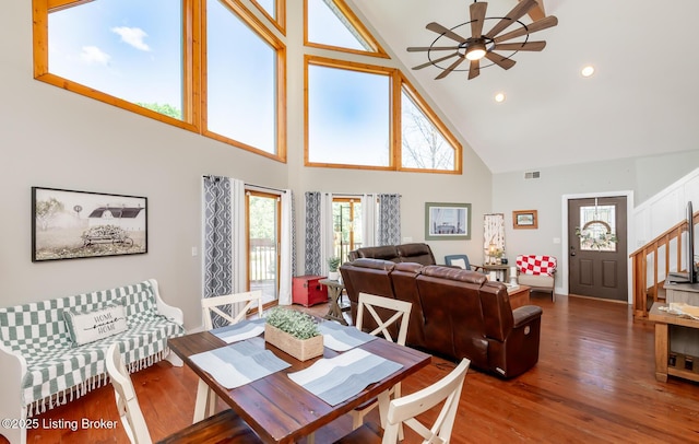 151 Pleasant Railway, Taylorsville, KY 40071 - dining area with high vaulted ceiling, ceiling fan, wood finished floors, stairway, and recessed lighting