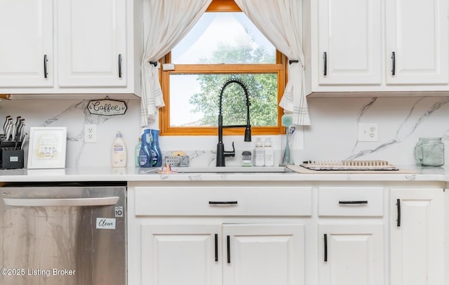 151 Pleasant Railway, Taylorsville, KY 40071 - kitchen featuring dishwasher, a sink, white cabinetry, light countertops, and backsplash