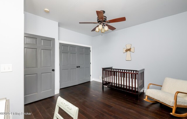 151 Pleasant Railway, Taylorsville, KY 40071 - bedroom featuring wood finished floors, a nursery area, a closet, and ceiling fan