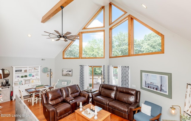 151 Pleasant Railway, Taylorsville, KY 40071 - living area featuring high vaulted ceiling, ceiling fan, wood finished floors, recessed lighting, and beamed ceiling