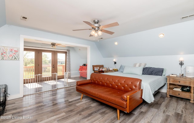 151 Pleasant Railway, Taylorsville, KY 40071 - bedroom with vaulted ceiling, access to exterior, french doors, wood finished floors, and ceiling fan