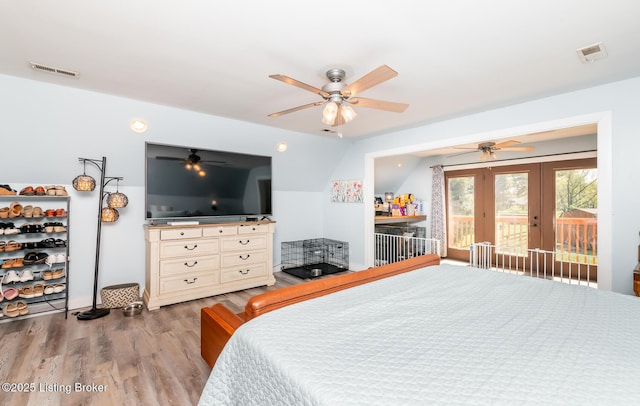 151 Pleasant Railway, Taylorsville, KY 40071 - bedroom with french doors, access to exterior, wood finished floors, and a ceiling fan