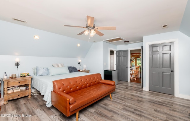 151 Pleasant Railway, Taylorsville, KY 40071 - bedroom featuring attic access, wood finished floors, vaulted ceiling, and ceiling fan