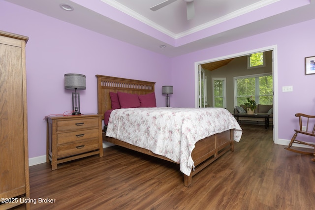 4701 Lost Valley Dr, Crestwood, KY 40014 - bedroom featuring dark wood-type flooring, crown molding, baseboards, and ceiling fan