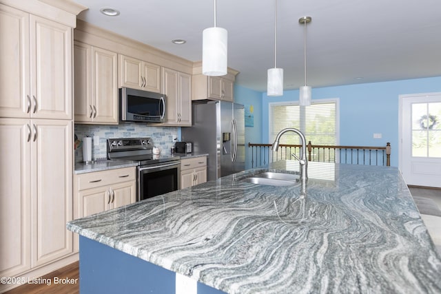 4701 Lost Valley Dr, Crestwood, KY 40014 - kitchen with appliances with stainless steel finishes, a sink, light stone countertops, dark wood-type flooring, and tasteful backsplash