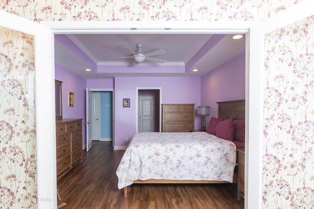 4701 Lost Valley Dr, Crestwood, KY 40014 - bedroom with dark wood-style floors, a raised ceiling, baseboards, recessed lighting, and crown molding
