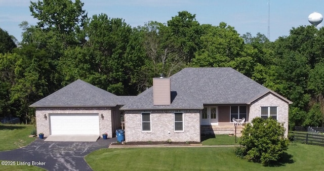 4701 Lost Valley Dr, Crestwood, KY 40014 - view of front of property with brick siding, asphalt driveway, an attached garage, a chimney, and a shingled roof