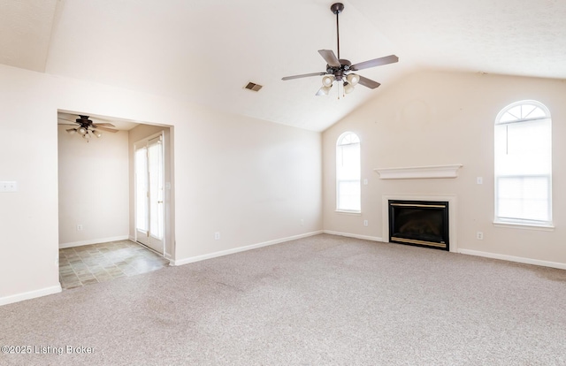 11330 Ridge Lake Dr, Louisville, KY 40272 - unfurnished living room with ceiling fan, carpet, lofted ceiling, a glass covered fireplace, and baseboards