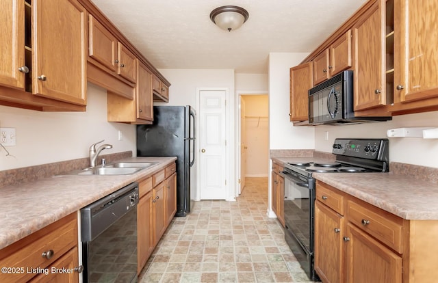 11330 Ridge Lake Dr, Louisville, KY 40272 - kitchen with black appliances, a sink, brown cabinets, light countertops, and open shelves