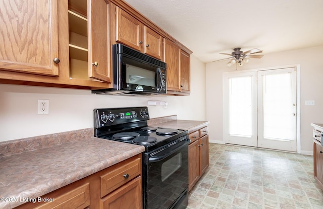 11330 Ridge Lake Dr, Louisville, KY 40272 - kitchen with black appliances, brown cabinetry, a ceiling fan, baseboards, and light countertops