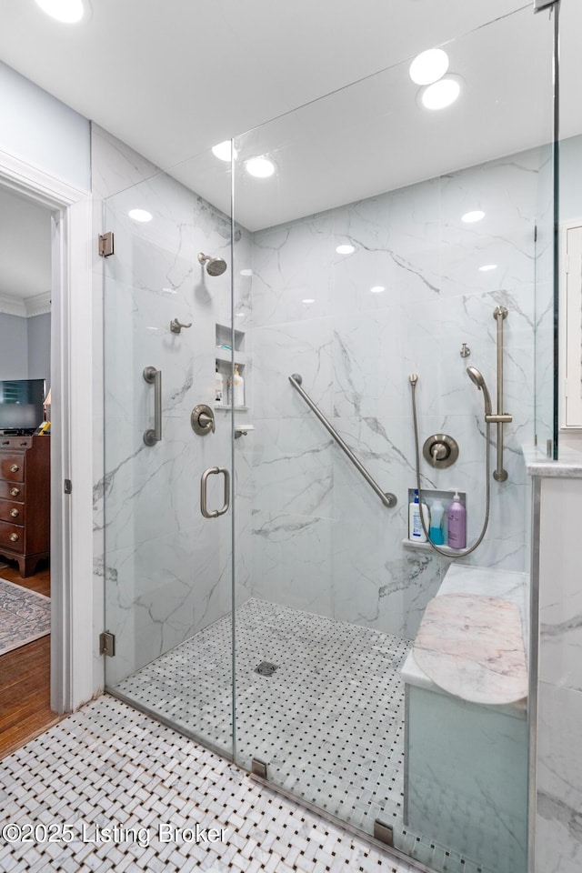 12104 Locust Ln, Anchorage, KY 40223 - bathroom featuring a marble finish shower and recessed lighting