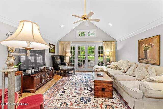 12104 Locust Ln, Anchorage, KY 40223 - living area featuring ceiling fan, light wood-style floors, high vaulted ceiling, crown molding, and recessed lighting