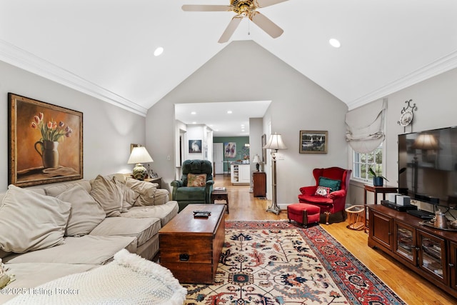 12104 Locust Ln, Anchorage, KY 40223 - living area featuring ceiling fan, light wood finished floors, high vaulted ceiling, recessed lighting, and crown molding
