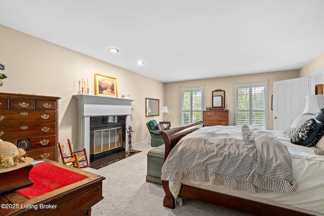 12104 Locust Ln, Anchorage, KY 40223 - carpeted bedroom featuring a fireplace with flush hearth, recessed lighting, and baseboards