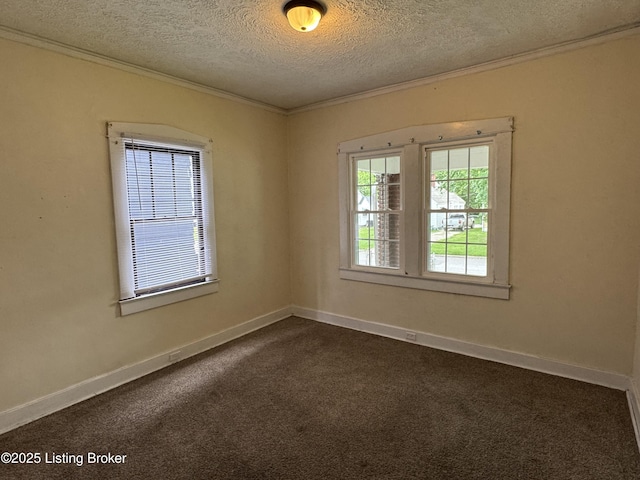 4229 Grand Ave, Louisville, KY 40211 - spare room featuring ornamental molding, a textured ceiling, dark carpet, and baseboards