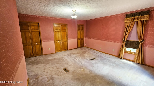 1250 Arnold School Rd, Webster, KY 40176 - unfurnished bedroom featuring two closets, a textured ceiling, carpet floors, and baseboards