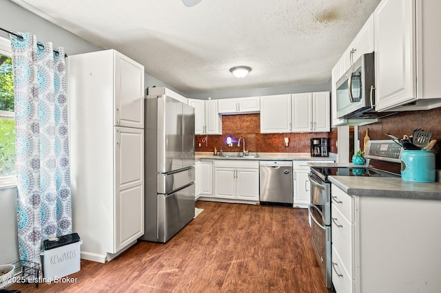 5202 Baywood Dr, Louisville, KY 40241 - kitchen featuring stainless steel appliances, a sink, dark wood-style flooring, white cabinetry, and tasteful backsplash