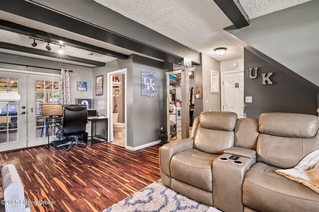 5202 Baywood Dr, Louisville, KY 40241 - living area featuring french doors, a textured ceiling, wood finished floors, baseboards, and an office area