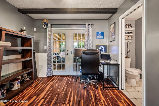 5202 Baywood Dr, Louisville, KY 40241 - home office featuring french doors, beam ceiling, a textured ceiling, wainscoting, and wood finished floors