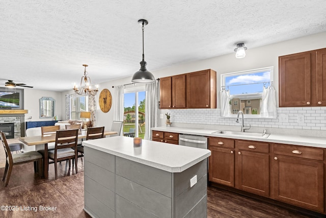 1130 Cherry Hollow Rd, La Grange, KY 40031 - kitchen with a sink, dark wood-style flooring, dishwasher, backsplash, and a textured ceiling