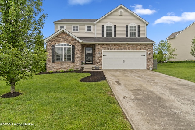 1130 Cherry Hollow Rd, La Grange, KY 40031 - traditional-style house featuring a garage, concrete driveway, a front yard, and stone siding