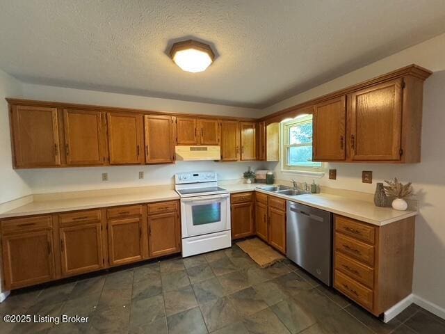 45 Paula Ct, Ekron, KY 40117 - kitchen with stainless steel dishwasher, white electric range, range hood, brown cabinets, and a textured ceiling