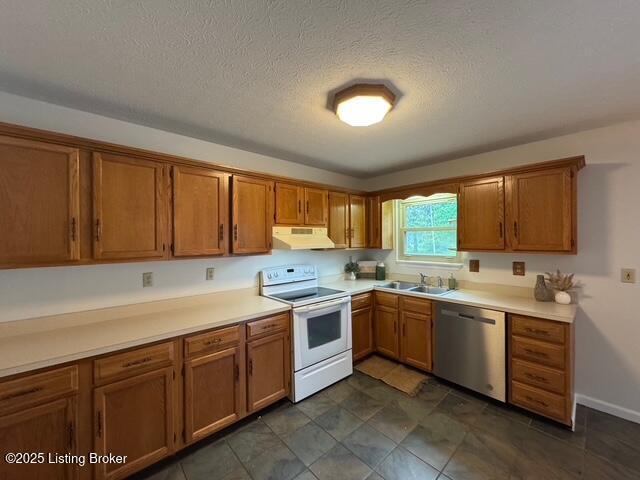 45 Paula Ct, Ekron, KY 40117 - kitchen featuring white electric range oven, stainless steel dishwasher, extractor fan, a sink, and brown cabinetry