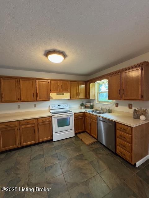 45 Paula Ct, Ekron, KY 40117 - kitchen with stainless steel dishwasher, electric range, range hood, a textured ceiling, and brown cabinets