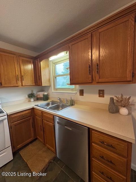45 Paula Ct, Ekron, KY 40117 - kitchen with dishwasher, a sink, electric range, light countertops, and a textured ceiling