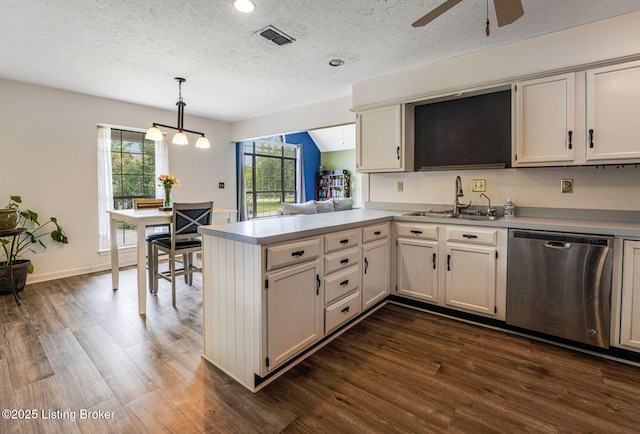 1604 Helmridge Ct, Lyndon, KY 40222 - kitchen featuring stainless steel dishwasher, a sink, dark wood-type flooring, a peninsula, and ceiling fan