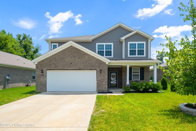 5806 Kellie Woods Dr, Louisville, KY 40258 - view of front of home with an attached garage, brick siding, concrete driveway, and a front lawn