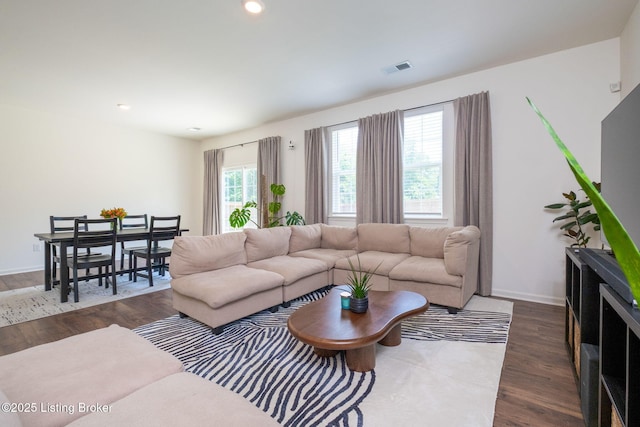 5806 Kellie Woods Dr, Louisville, KY 40258 - living room featuring dark wood-style flooring and recessed lighting