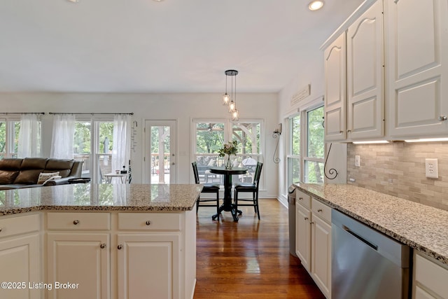13512 Springs Station Rd, Louisville, KY 40245 - kitchen featuring dishwasher, decorative backsplash, light stone countertops, dark wood-type flooring, and white cabinets