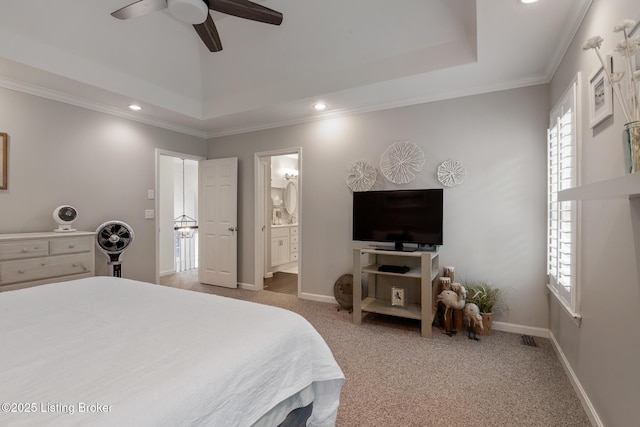 13512 Springs Station Rd, Louisville, KY 40245 - bedroom featuring carpet floors, ornamental molding, recessed lighting, a tray ceiling, and ensuite bathroom