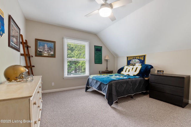 13512 Springs Station Rd, Louisville, KY 40245 - bedroom featuring light colored carpet, vaulted ceiling, baseboards, and ceiling fan