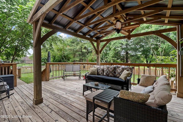 13512 Springs Station Rd, Louisville, KY 40245 - wooden deck with an outdoor living space, ceiling fan, and a gazebo