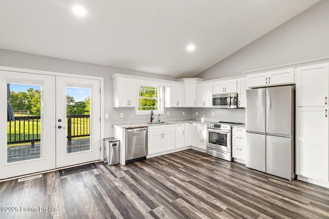 760 Leafdale Rd, Hodgenville, KY 42748 - kitchen featuring stainless steel appliances, french doors, white cabinets, dark wood-style floors, and a sink