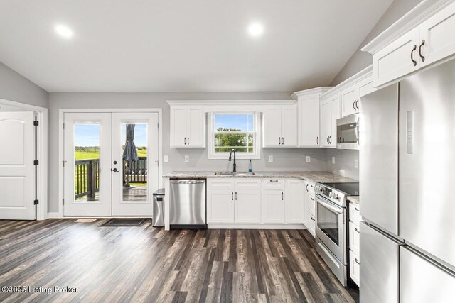 760 Leafdale Rd, Hodgenville, KY 42748 - kitchen featuring appliances with stainless steel finishes, a sink, vaulted ceiling, french doors, and dark wood finished floors